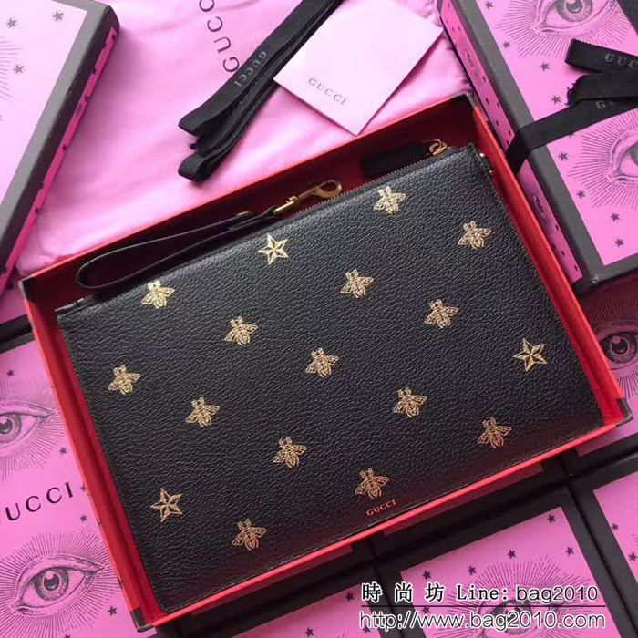 GUCCI古馳 歐洲正品原單 2018早春新款 蜜蜂煬金手拿包 495066 黑全皮 WTG1544